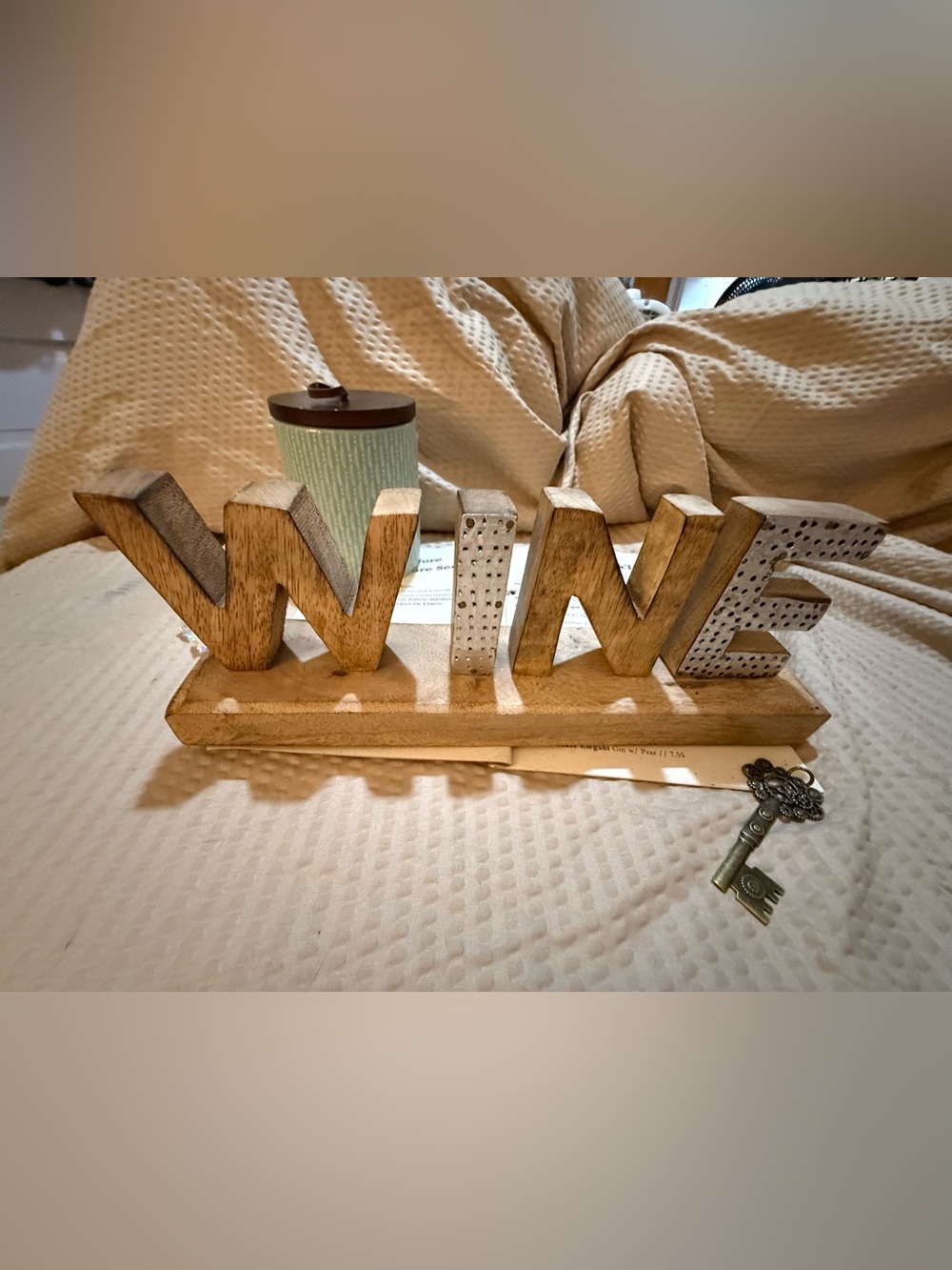 Rustic Wood WINE Tabletop Sign Silver Metal Letters Bar Kitchen Decor